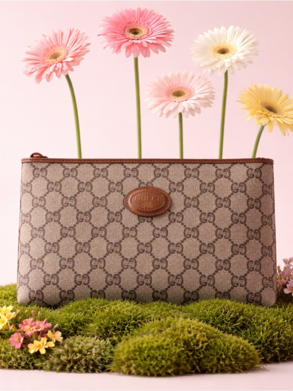 Gucci Brown Beige GG Supreme Canvas Wristlet Pouch